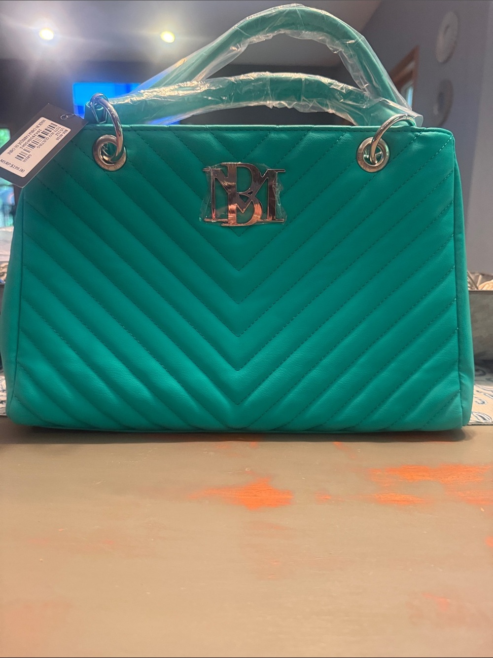 Badgley Mischka Teal Quilted Top-Handle Satchel
